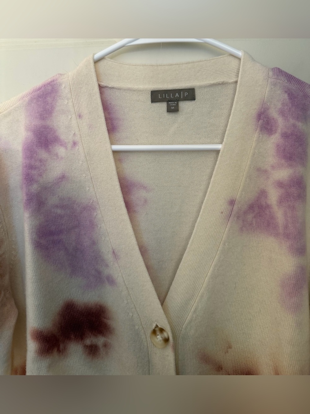 Lilla P Wool Cashmere Tie Dye Cardigan, Ivory/Rust/Purple, Size M - Picture 8 of 12